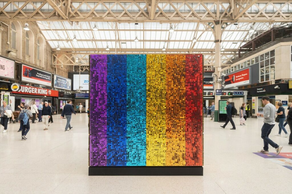 The Pride Wall – a multicoloured, shimmering, double-feature wall, which We Are Placemaking produced for the Northbank BID to celebrate Pride’s 50th anniversary in London